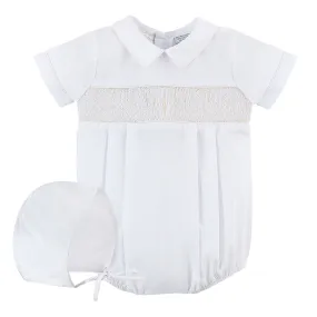 74112-Baby Boy Christening Hand Smocked Cross Romper with Bonnet