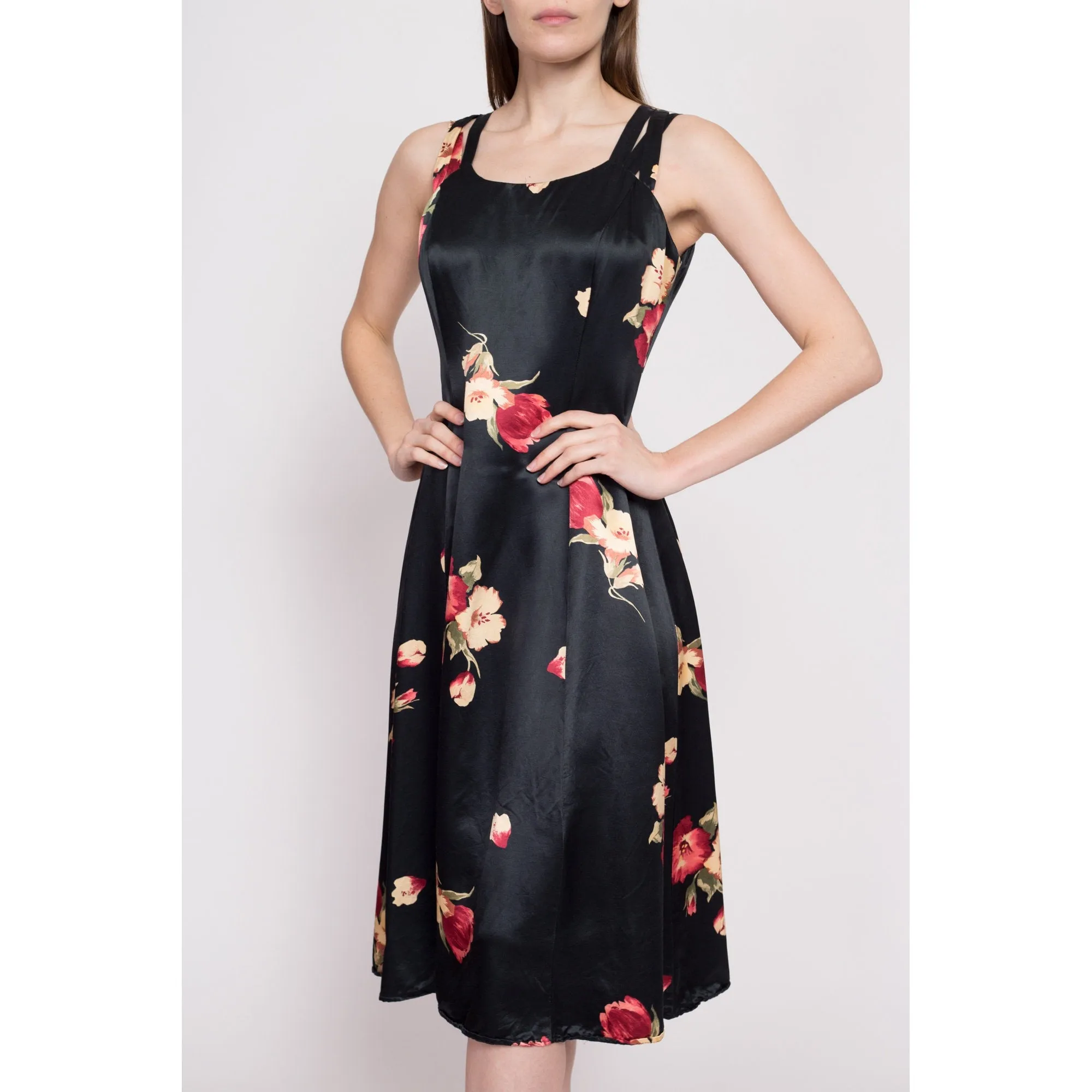 80s Black Floral Satin Midi Dress - Medium