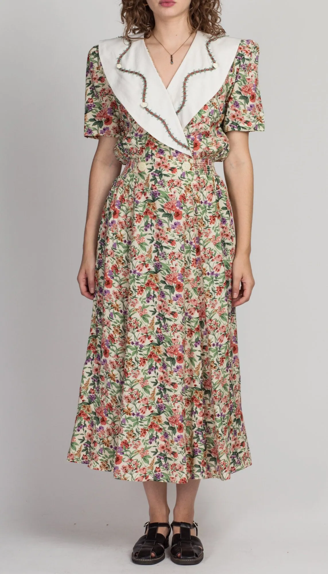 80s Floral Oversize Collar Grunge Dress - Extra Small