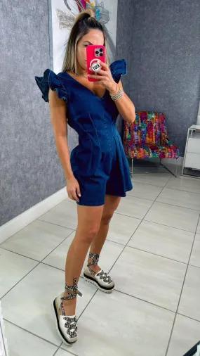 8216 Denim romper with V-neckline