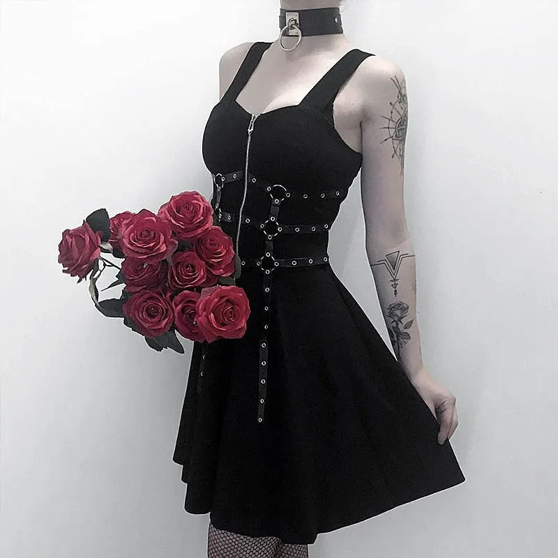 Amozae---hoco dresses Halloween   Goth Dark women's dress eyelet web zipper harajuku mini dresses grunge Summer   sleeveless backless a-line   punk rock