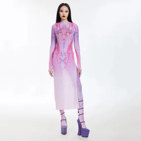 Anime Print Sheer Mesh Dress Harajuku Streetwear Y2k Grunge Clothes Split Long Dresses for Women Spring 2024 P85-BI15