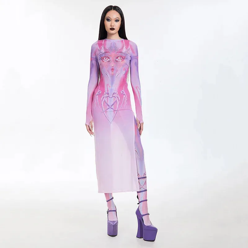 Anime Print Sheer Mesh Dress Harajuku Streetwear Y2k Grunge Clothes Split Long Dresses for Women Spring 2024 P85-BI15