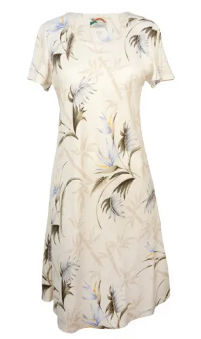 Bamboo Paradise Tropical Cap Sleeve Hawaiian Dress in Cream