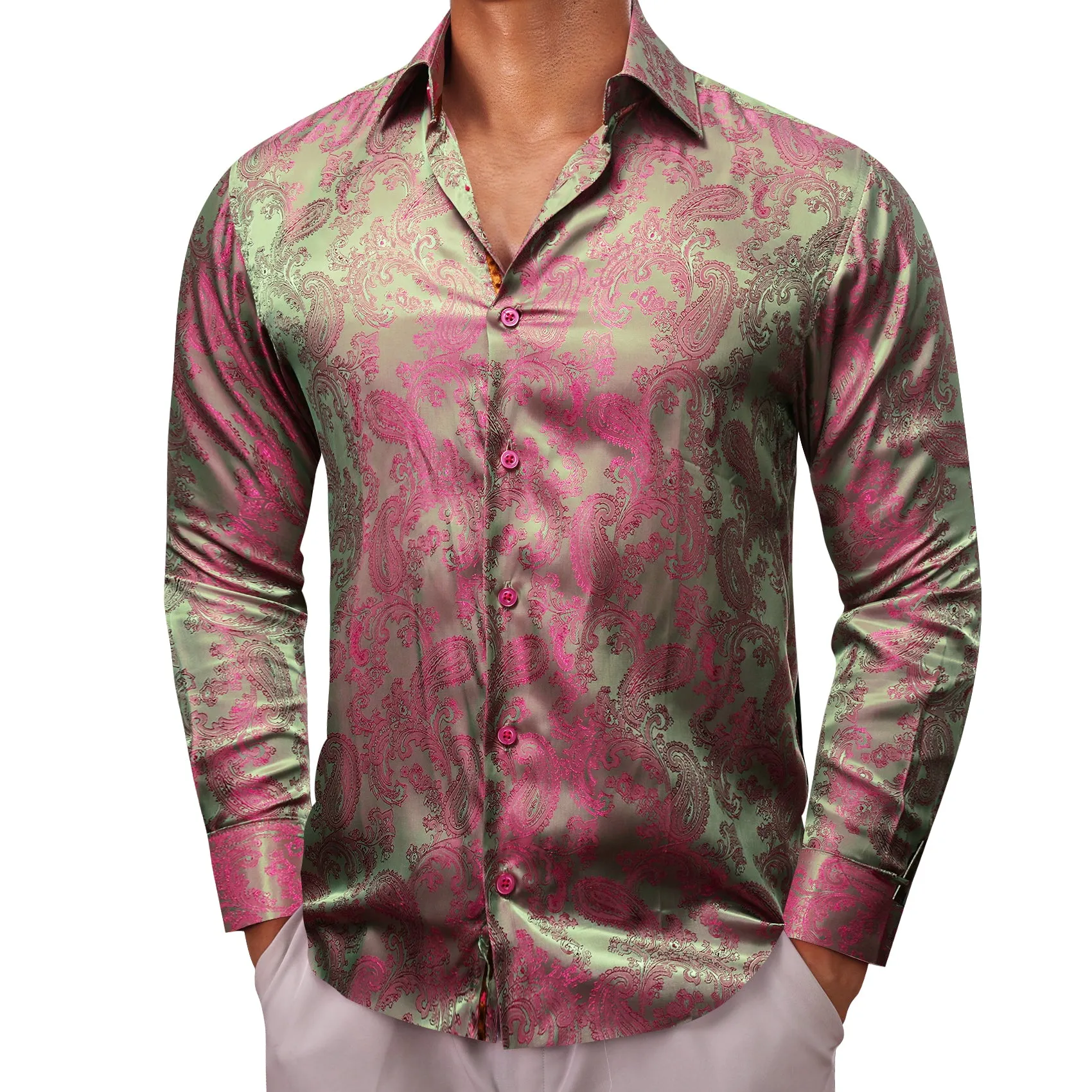 Barry Wang Green RoseRed Pink Paisley Silk Mens Dinner Shirt for Party