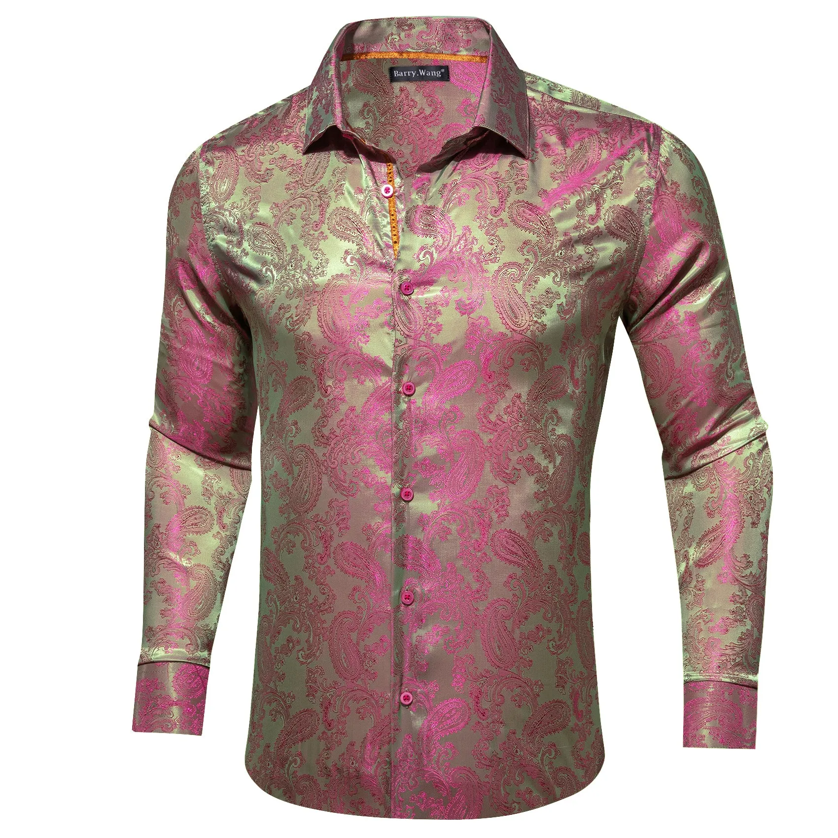 Barry Wang Green RoseRed Pink Paisley Silk Mens Dinner Shirt for Party
