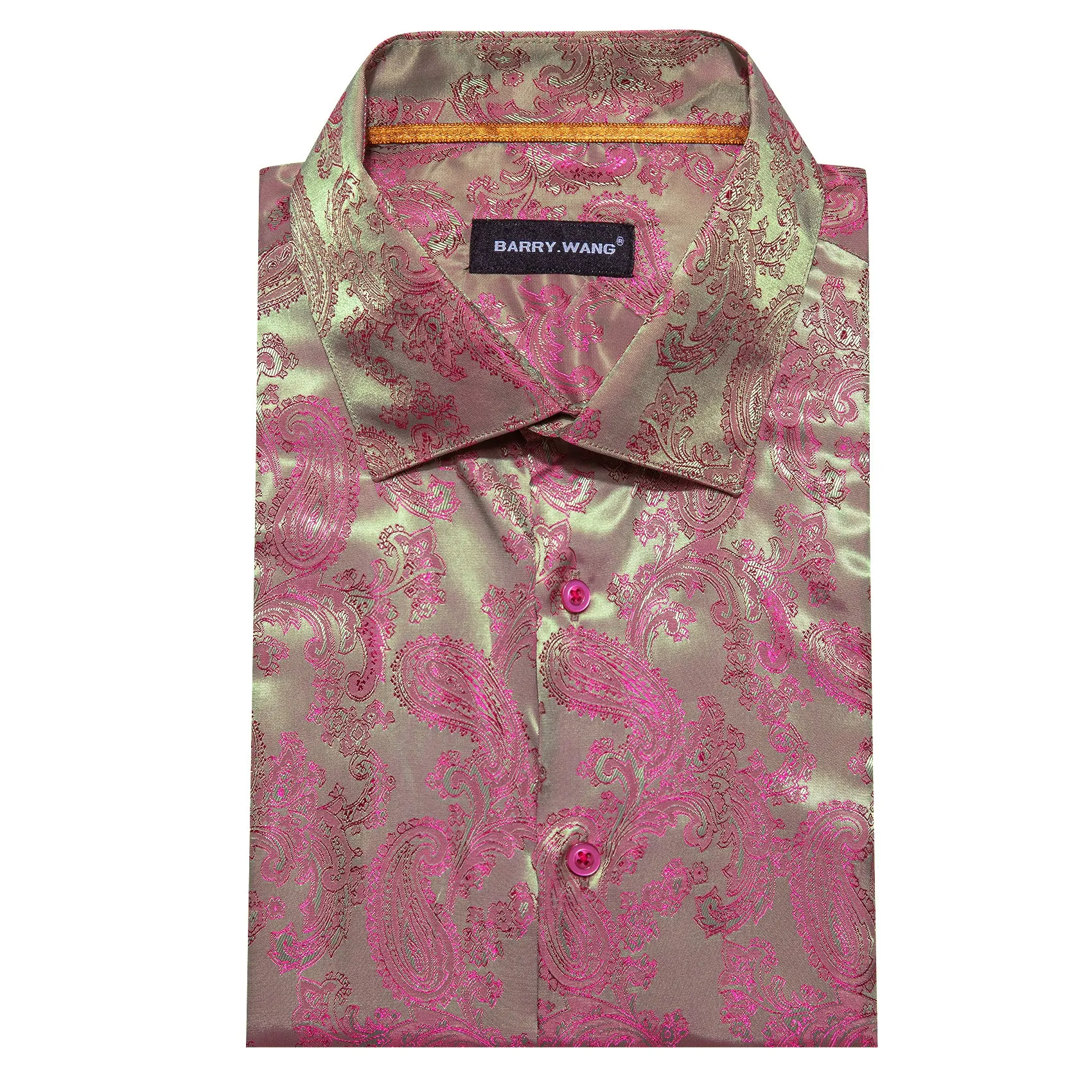 Barry Wang Green RoseRed Pink Paisley Silk Mens Dinner Shirt for Party