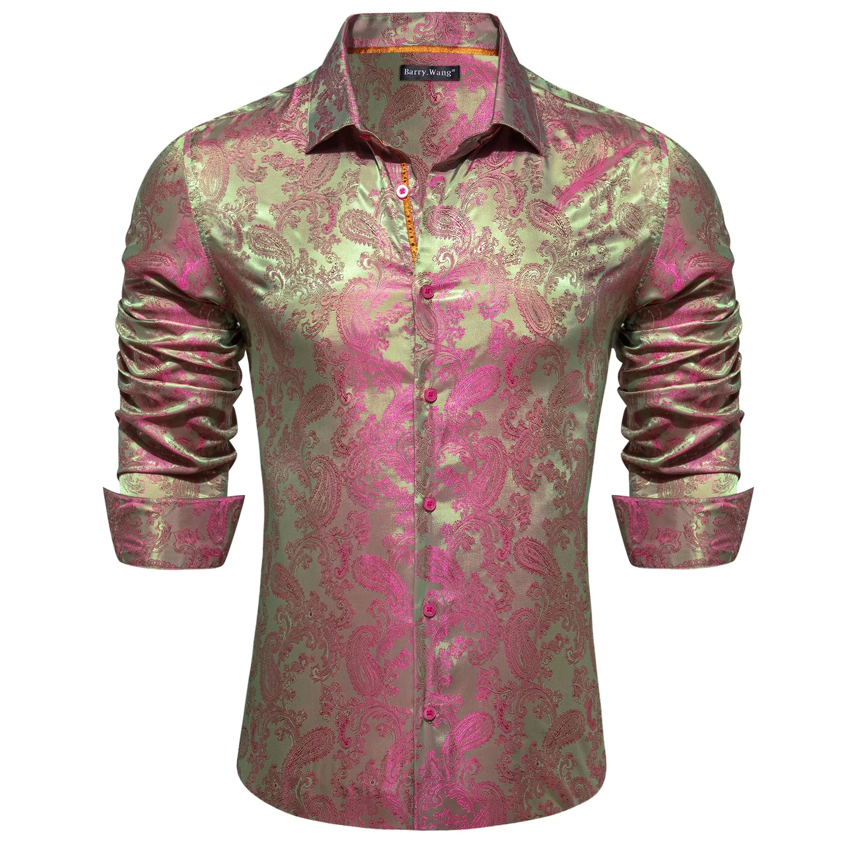 Barry Wang Green RoseRed Pink Paisley Silk Mens Dinner Shirt for Party