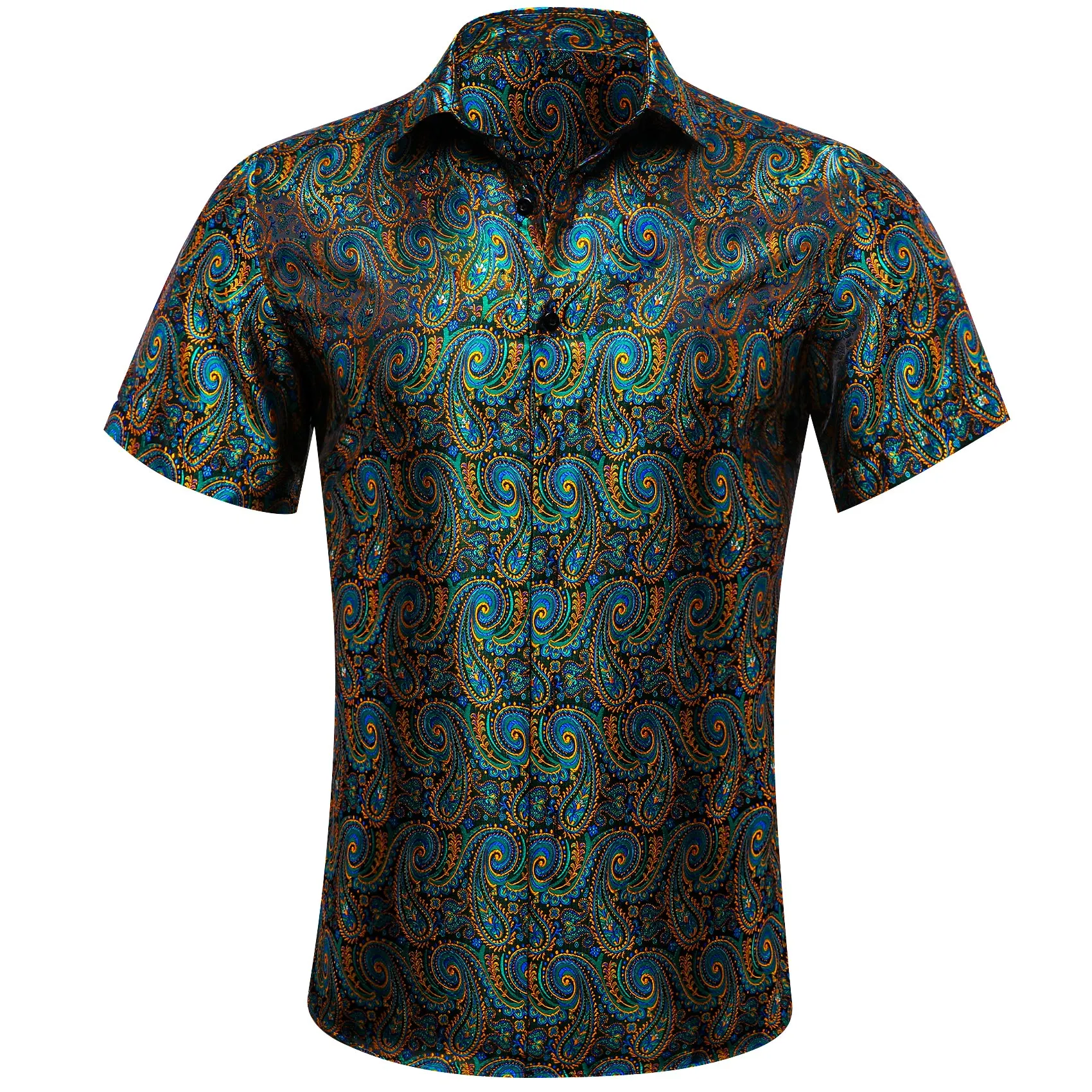 Barry Wang Mens Collared Shirt Teal Blue Paisley Short Sleeves Shirt