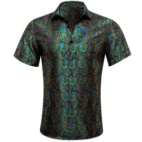 Barry Wang Mens Collared Shirt Teal Blue Paisley Short Sleeves Shirt