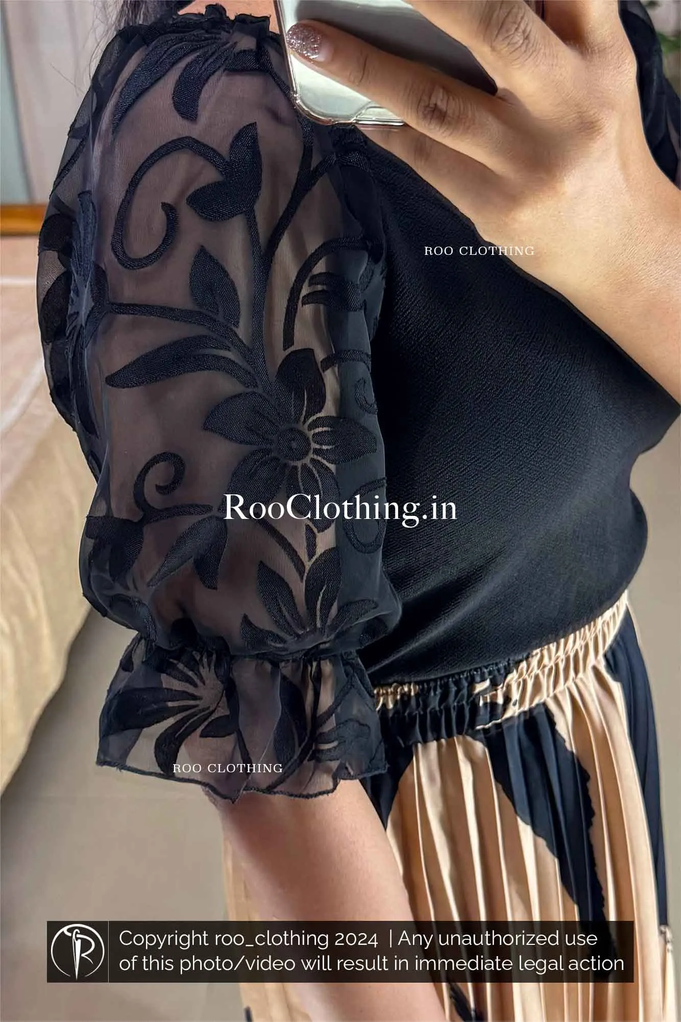 Beige Accordion Pleated Midi Skirt with Bold Abstract Black Print (Skirt Only)