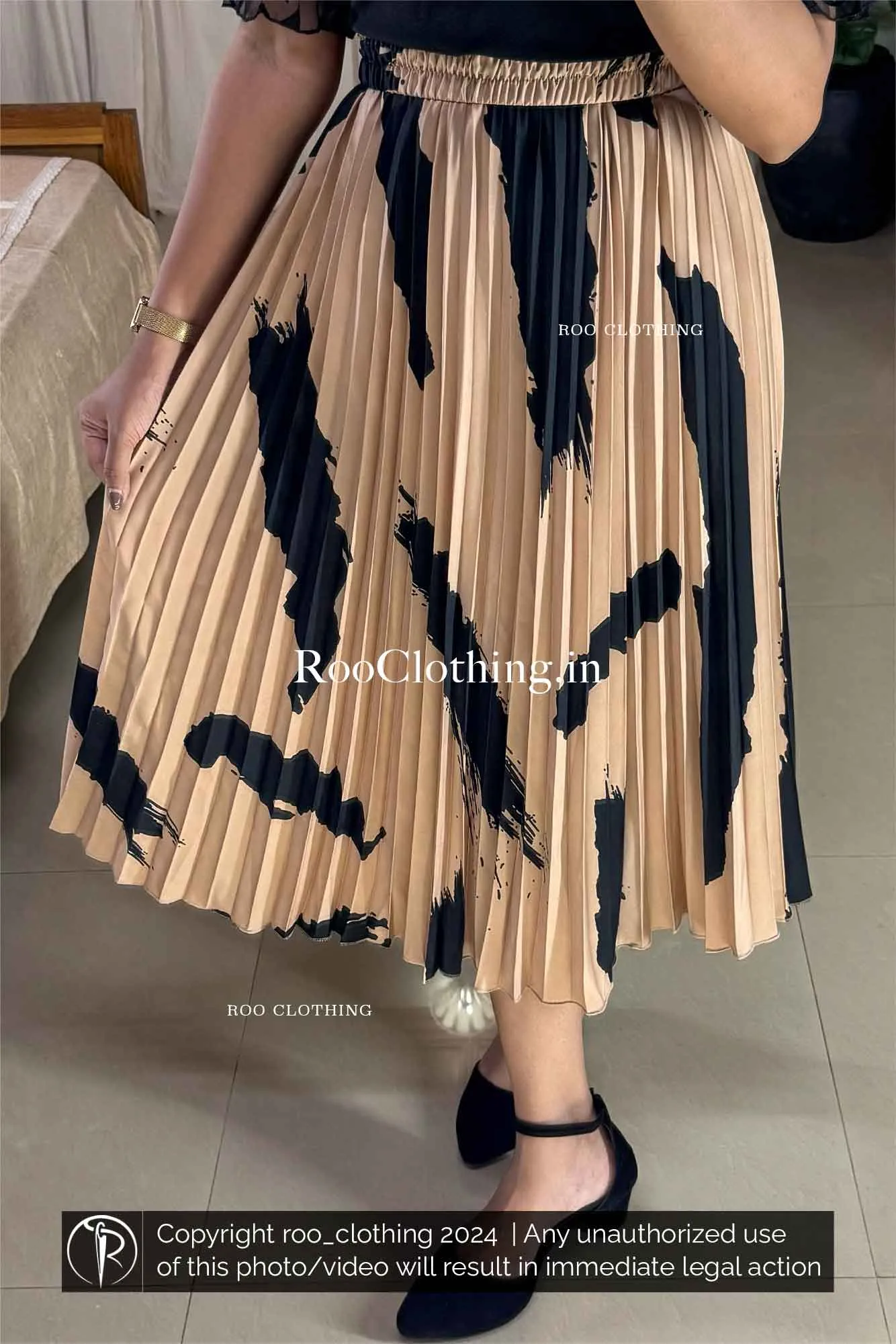 Beige Accordion Pleated Midi Skirt with Bold Abstract Black Print (Skirt Only)