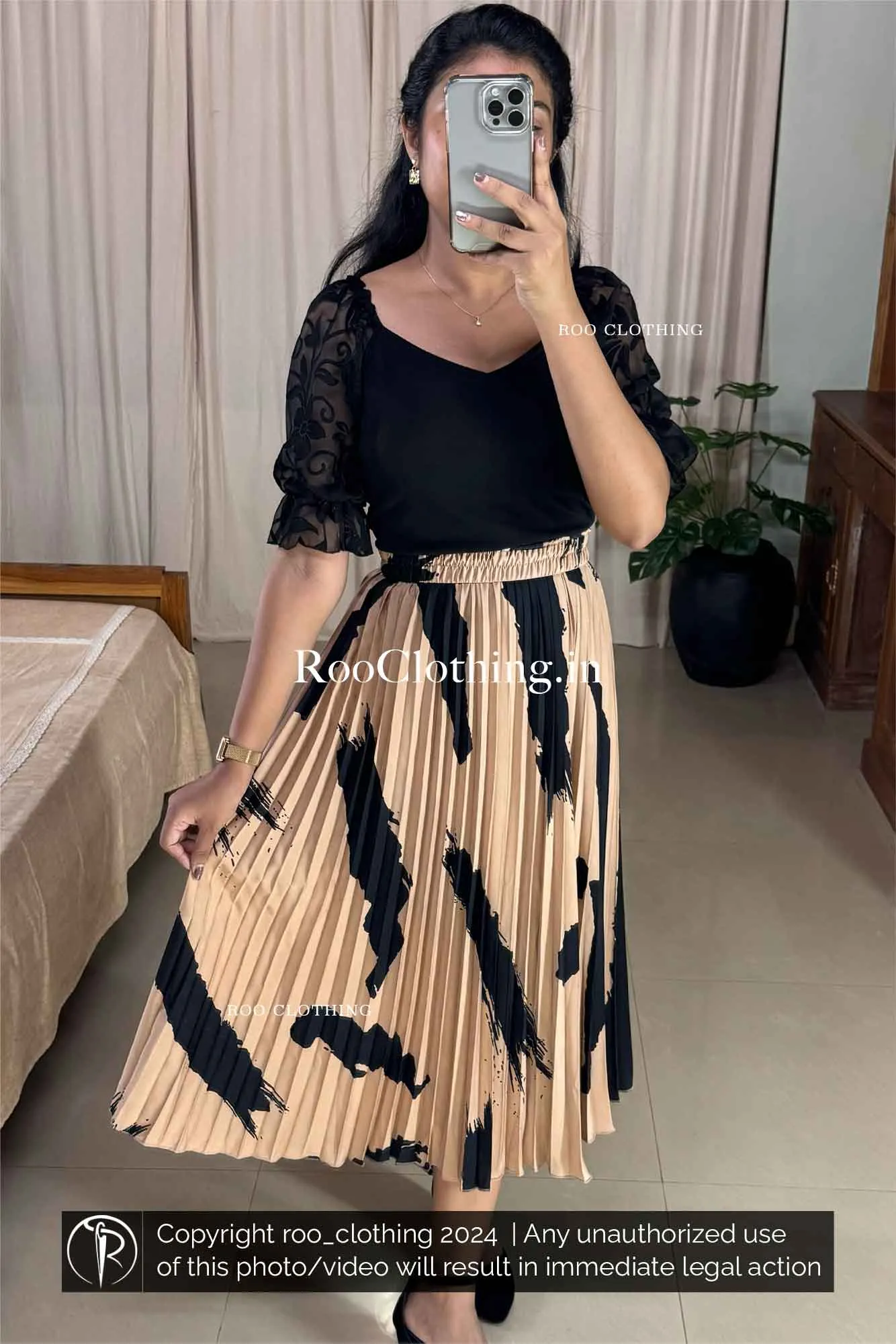 Beige Accordion Pleated Midi Skirt with Bold Abstract Black Print (Skirt Only)