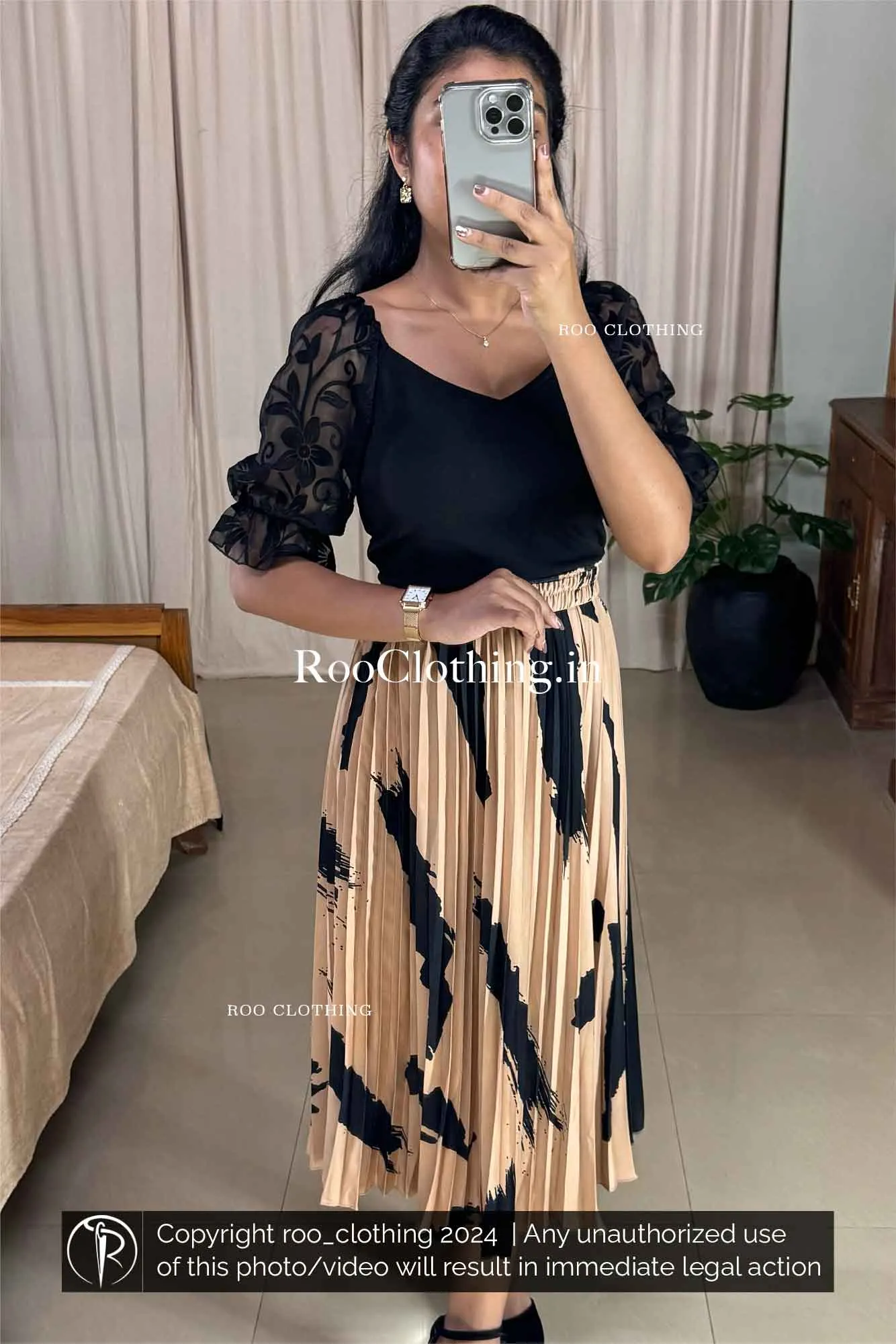 Beige Accordion Pleated Midi Skirt with Bold Abstract Black Print (Skirt Only)