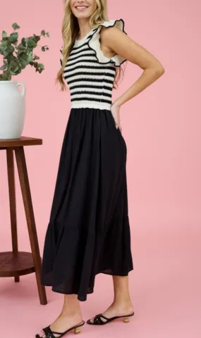 Black & White Stripe Sweater Top Midi Dress