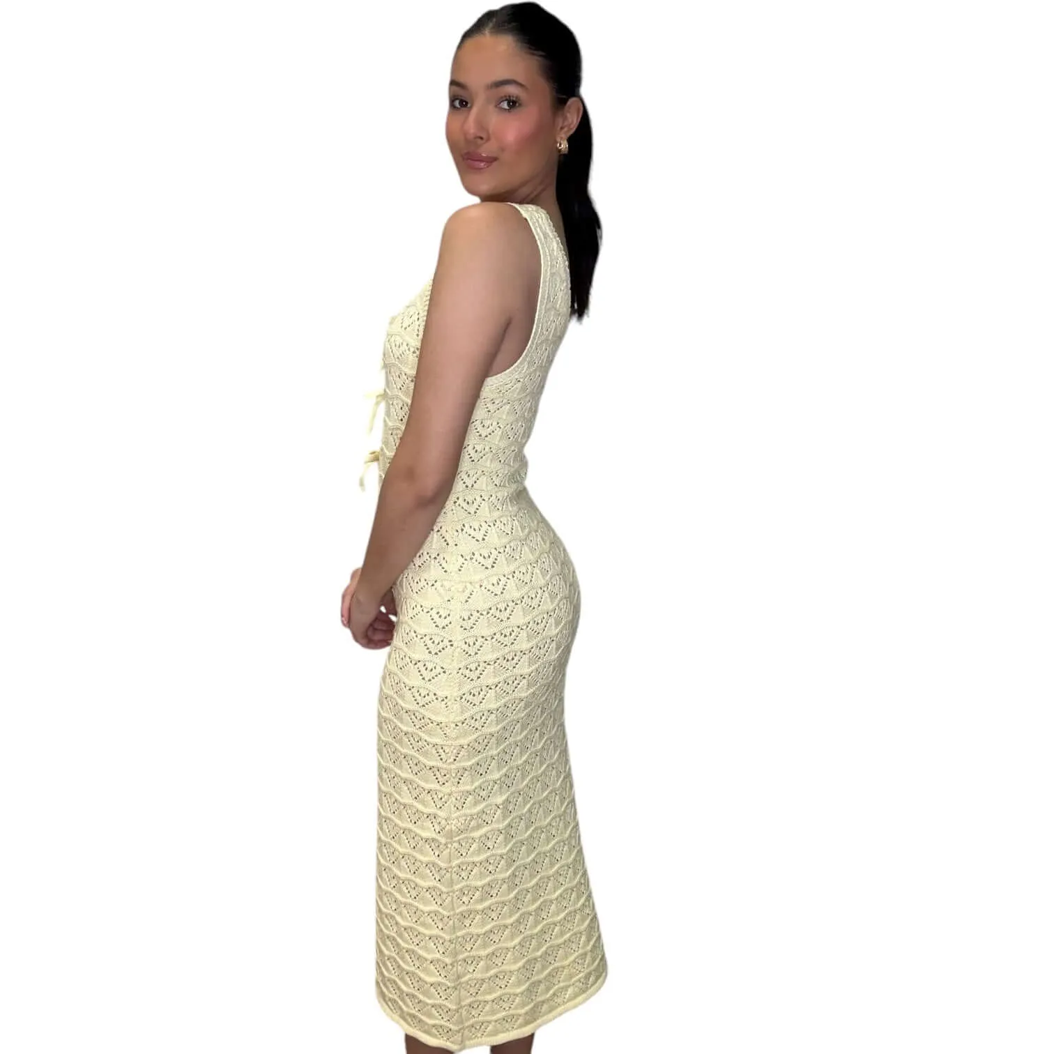 Bow Detail Crochet Midi Dress - Soft Yellow