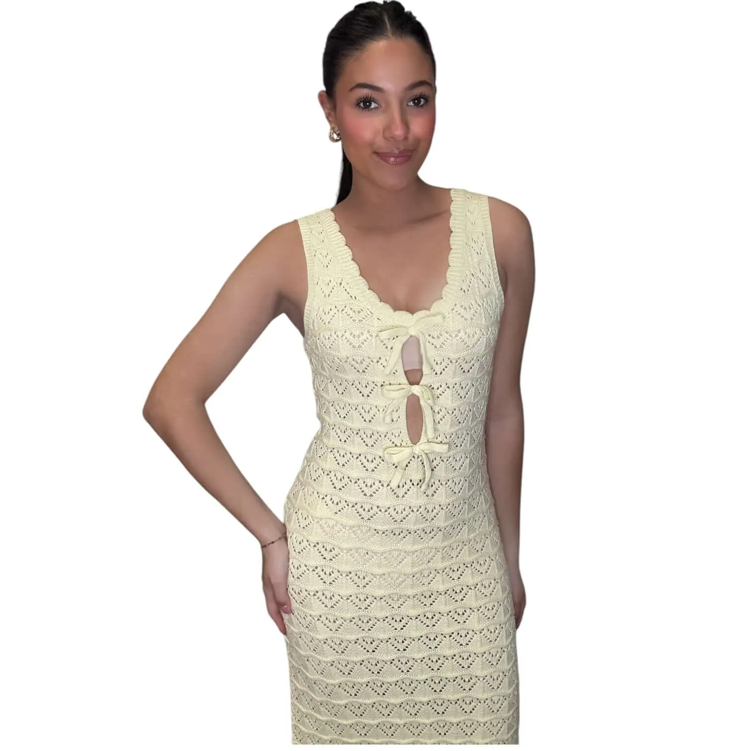Bow Detail Crochet Midi Dress - Soft Yellow