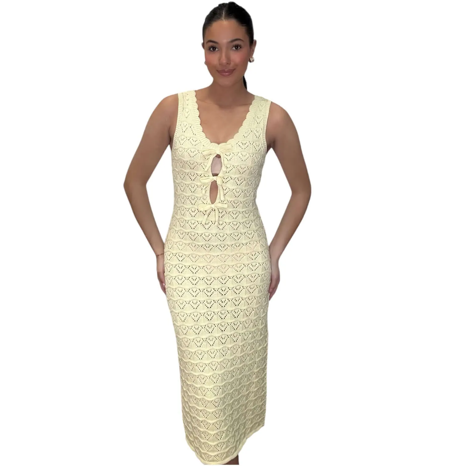 Bow Detail Crochet Midi Dress - Soft Yellow