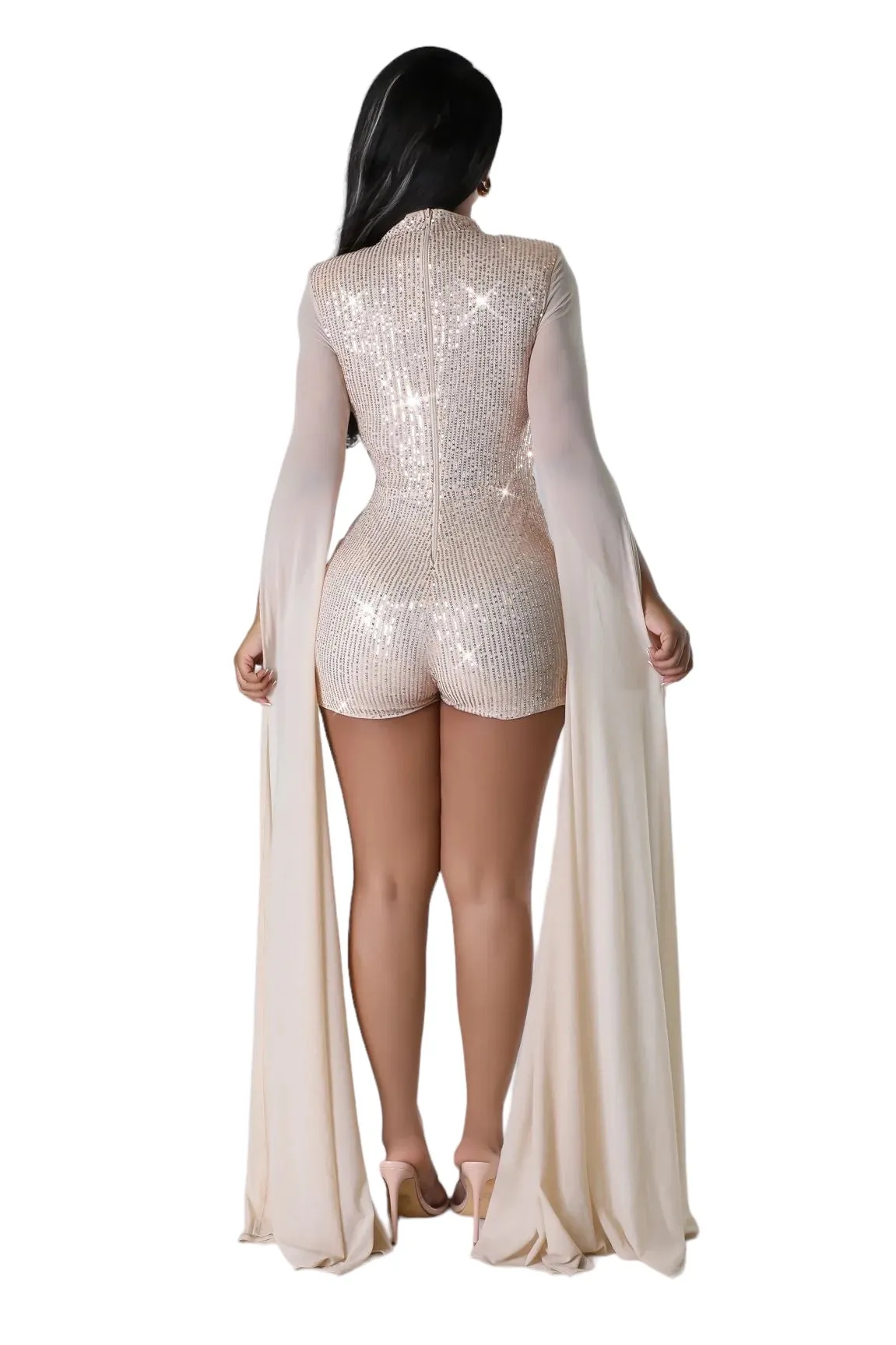 Champaign Colored Sequin Romper w/ Floor Length Sleeves