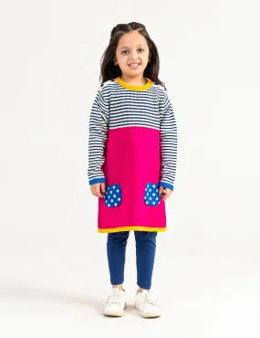 COLOR BLOCK SWEATER DRESS WITH POLKA DOTS POCKETS