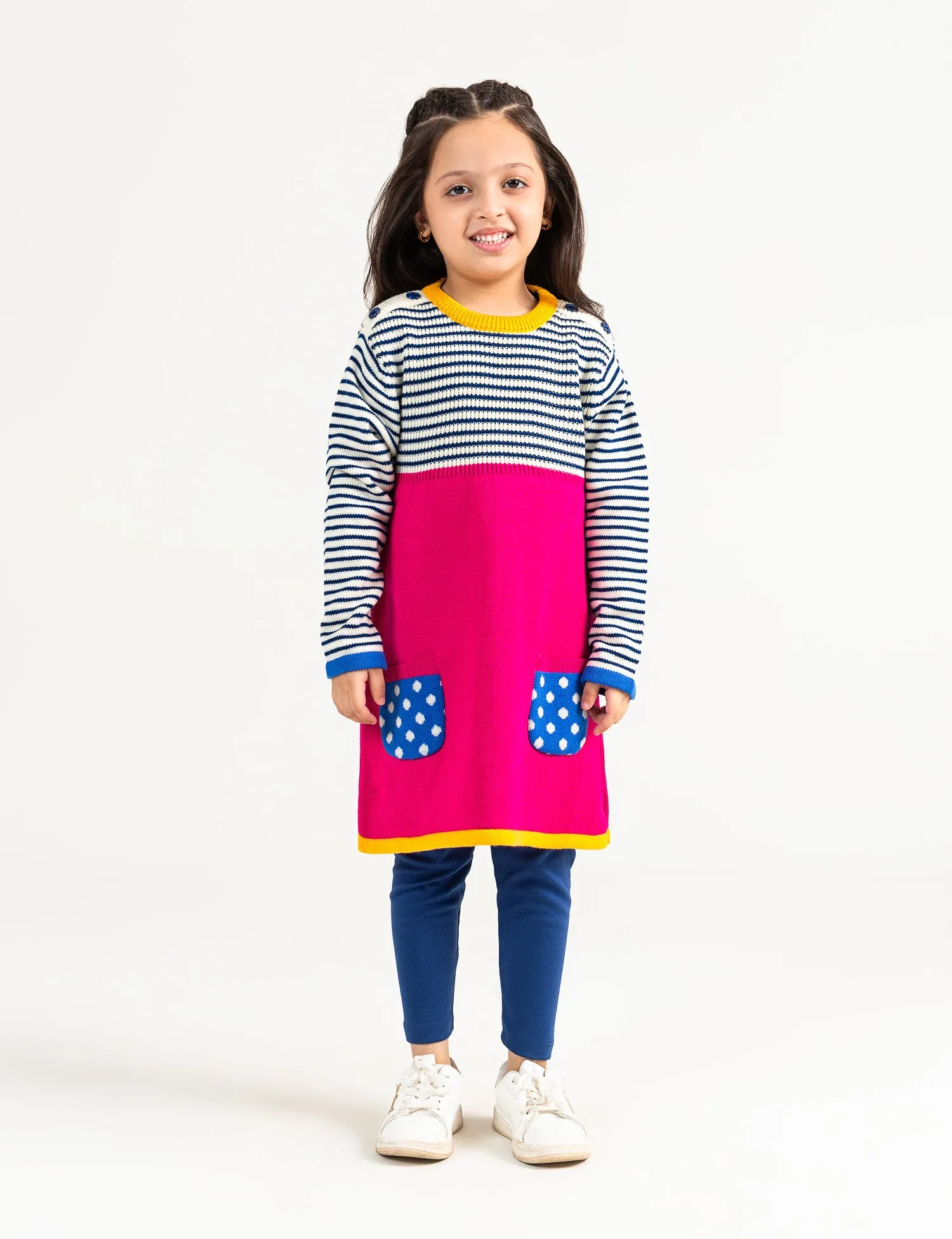COLOR BLOCK SWEATER DRESS WITH POLKA DOTS POCKETS
