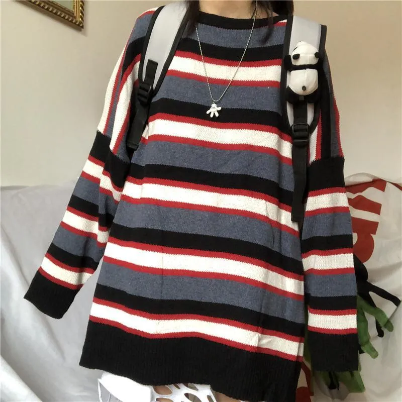 Contrast Stripes Grunge Aesthetic Loose Knit Sweater