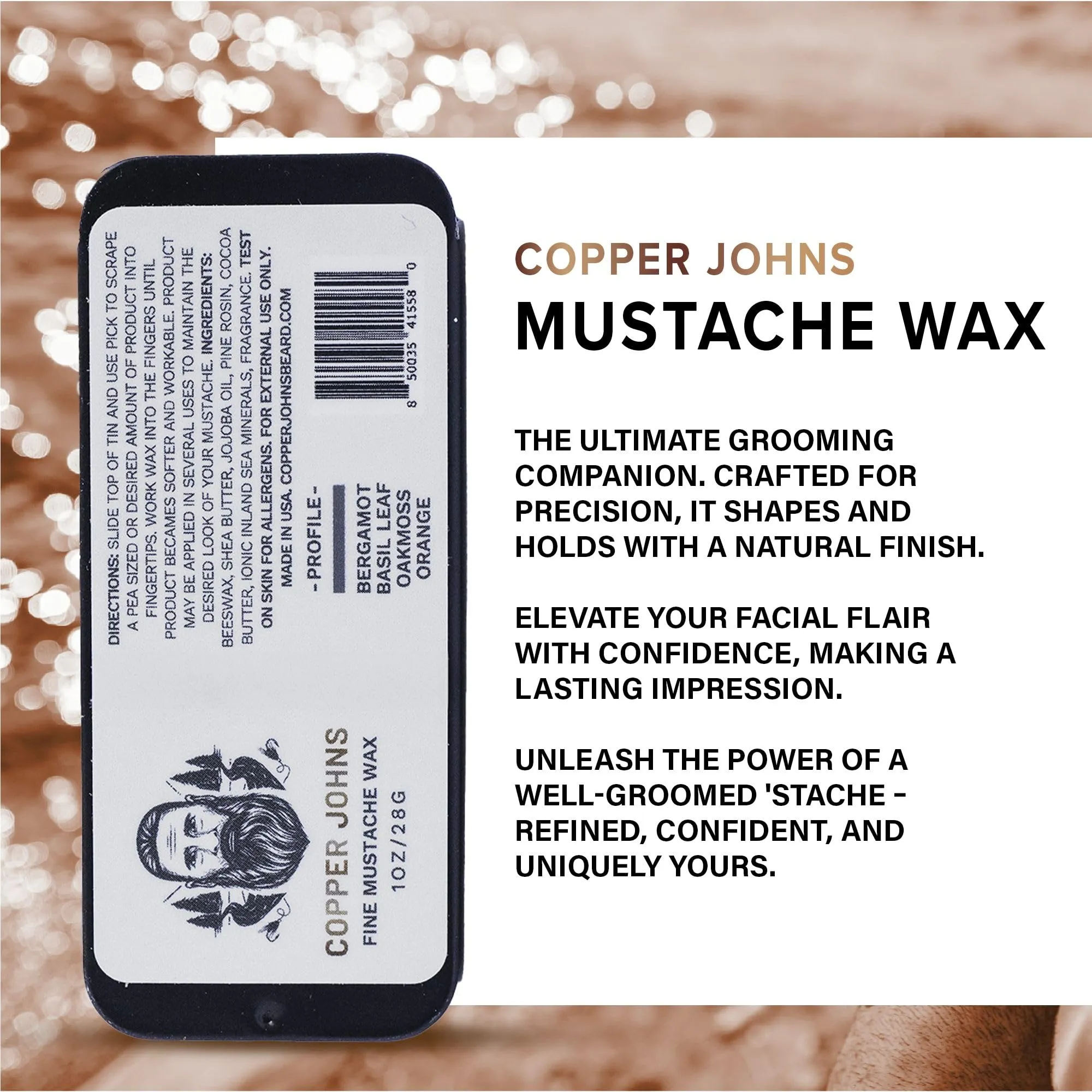 Copper Johns Mustache Wax | Promotes Clean & Well-Kept Mustache | Strong All-Day Hold | Made with Beeswax, Jojoba Oil & Sea Minerals | Nightfall | 1oz