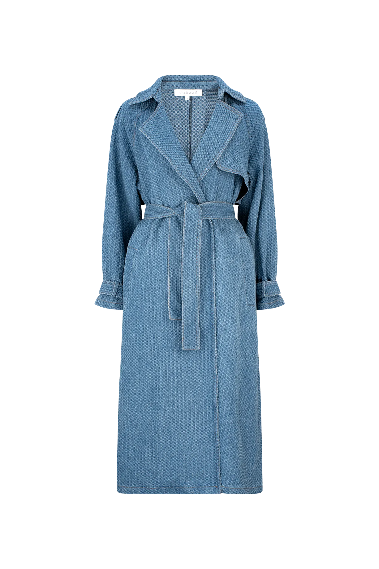 CURAAE Aurora Long Denim Textured Tie Trench