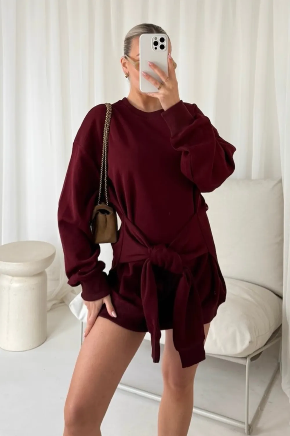 Daisy burgundy tie waist sweater dress