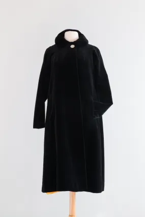 Dramatic 1950's Black Velvet Swing Coat With Gleaming Marigold Lining / Medium