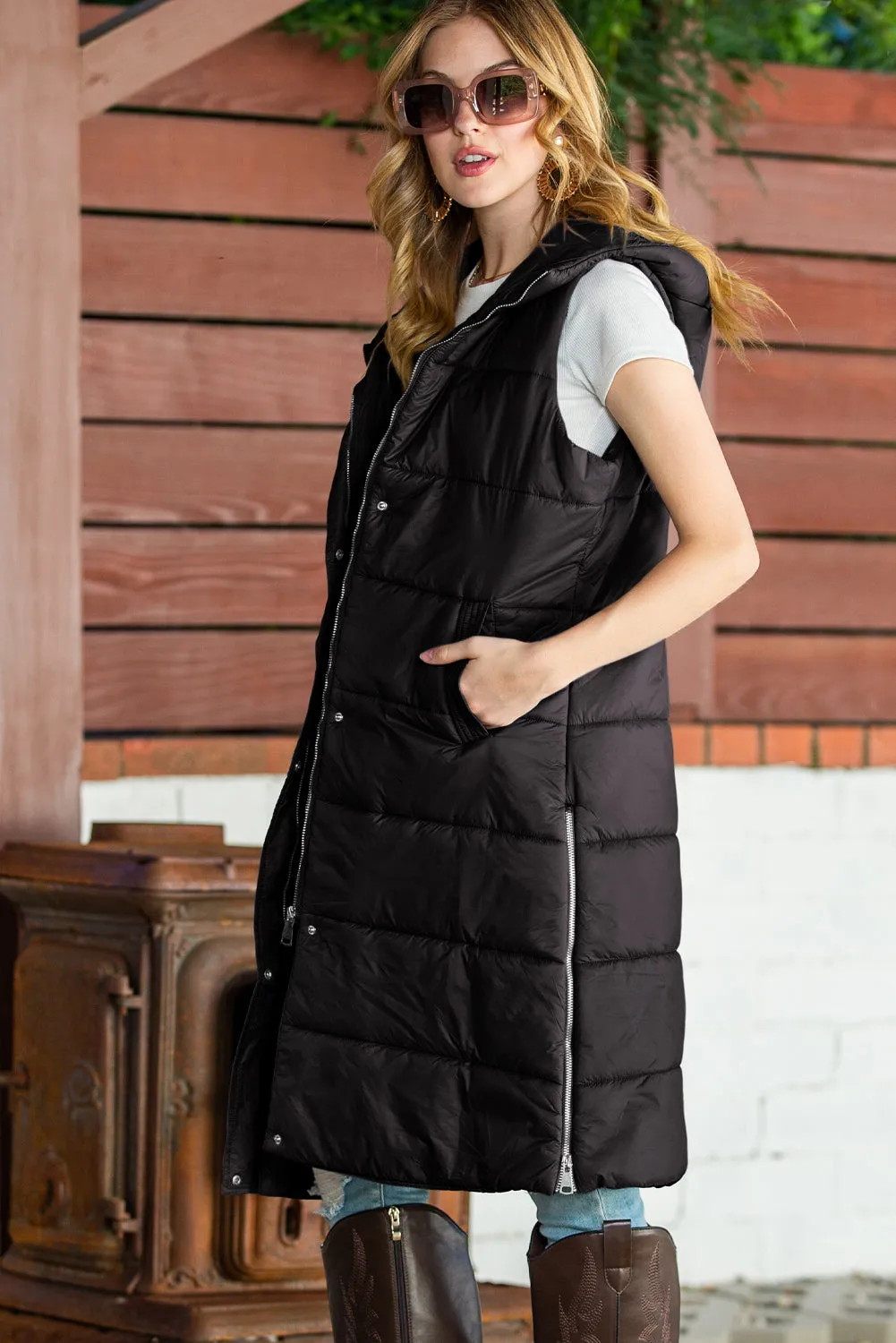 Elaine Hooded Quilted Long Vest Coat