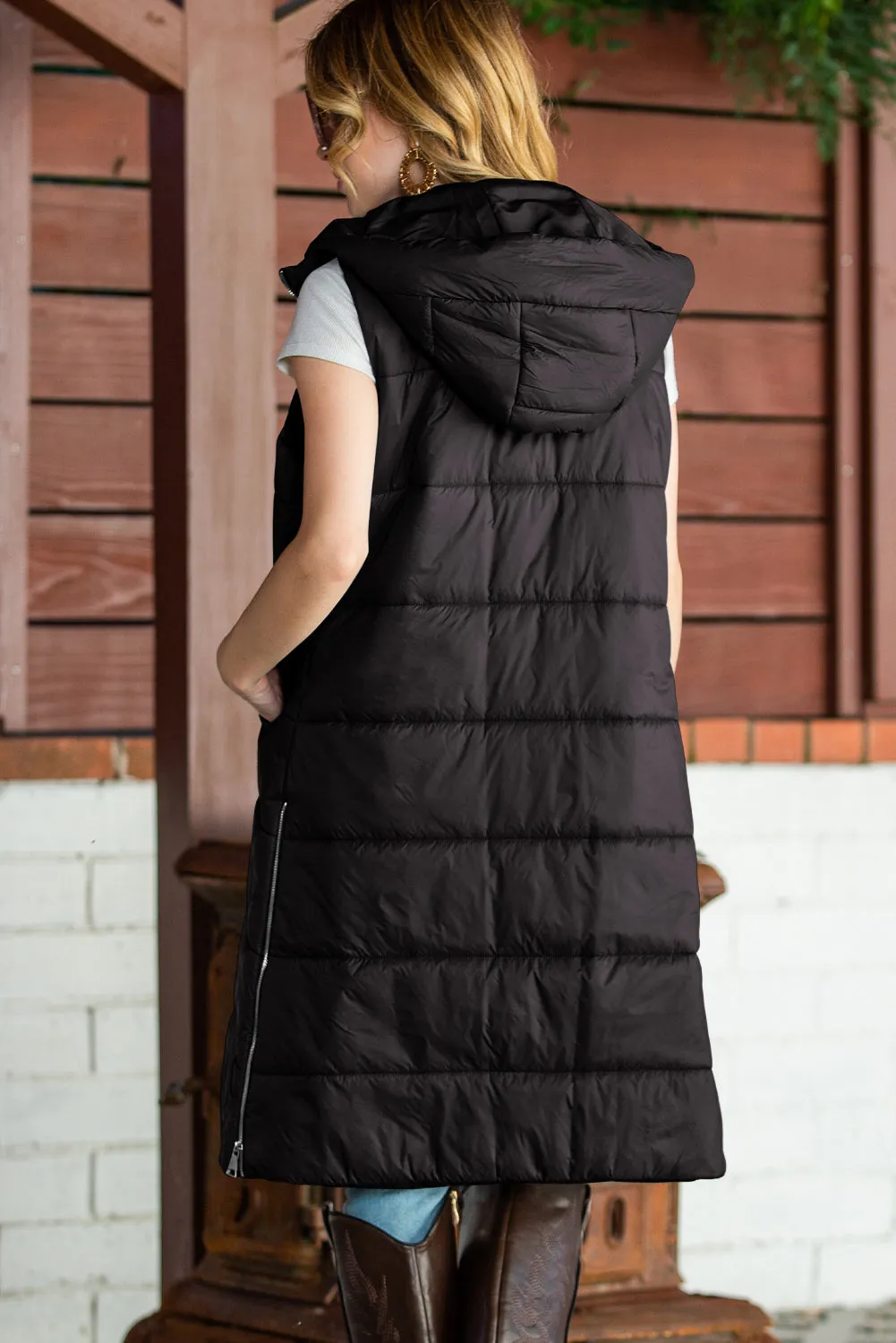 Elaine Hooded Quilted Long Vest Coat