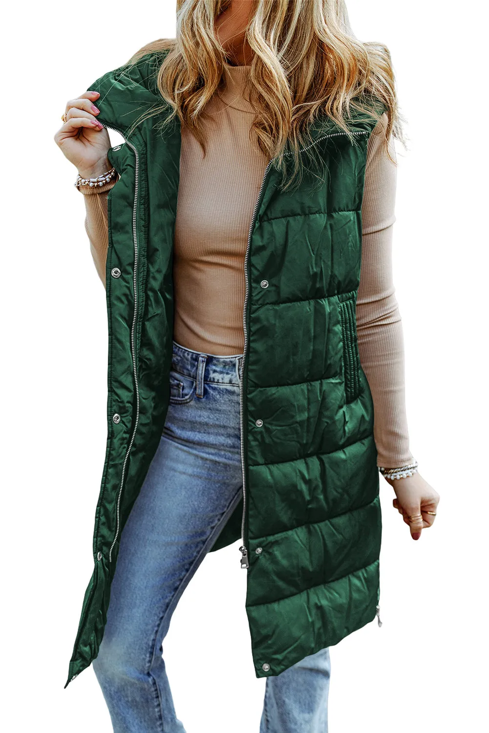 Elaine Hooded Quilted Long Vest Coat