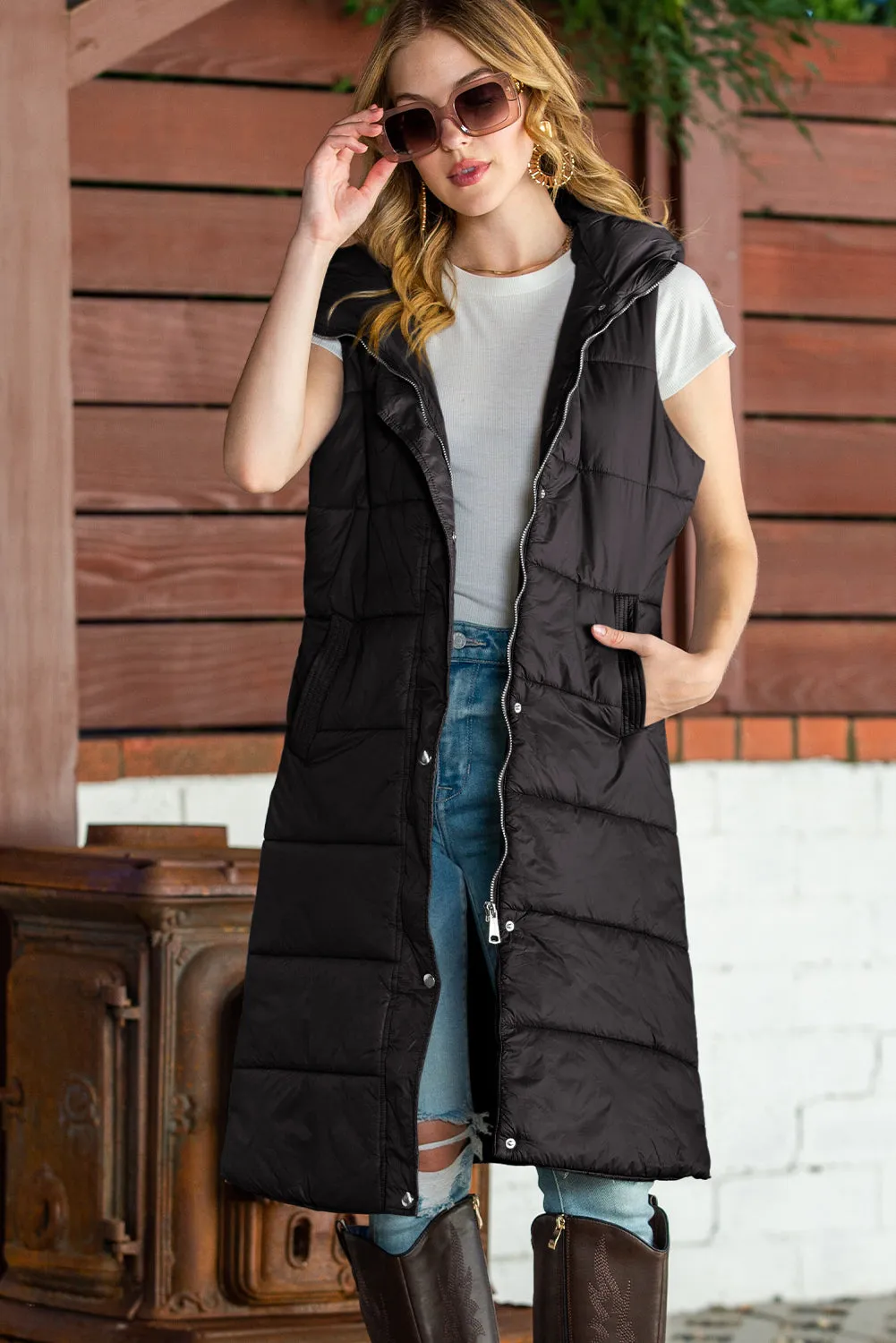 Elaine Hooded Quilted Long Vest Coat