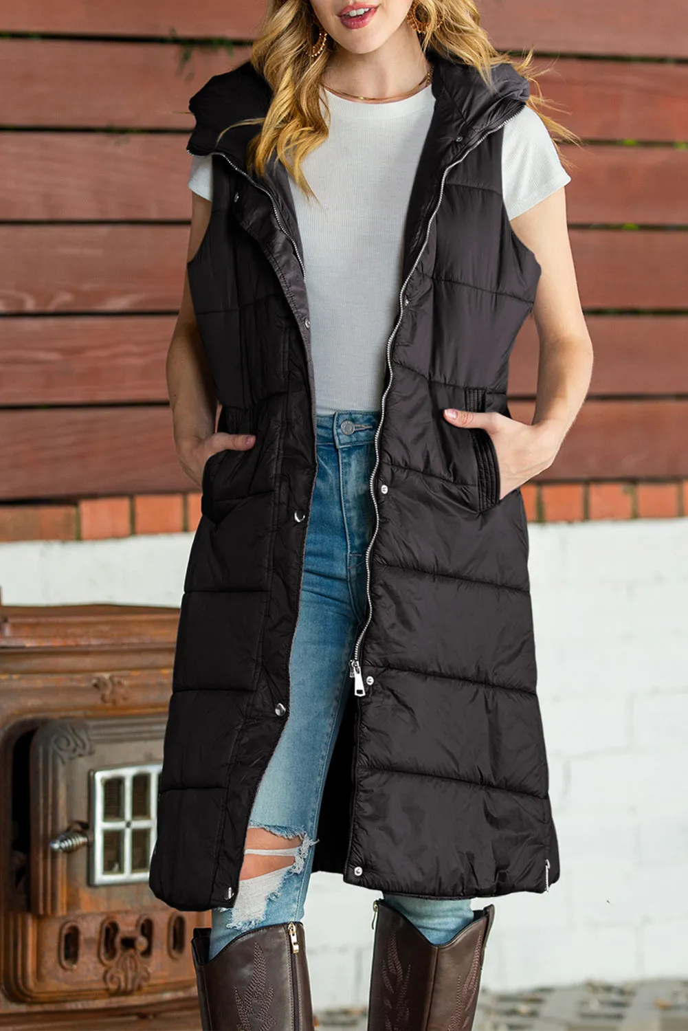 Elaine Hooded Quilted Long Vest Coat