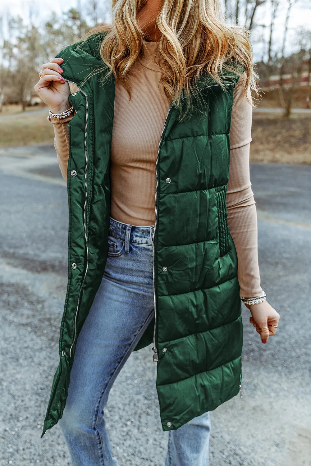 Elaine Hooded Quilted Long Vest Coat