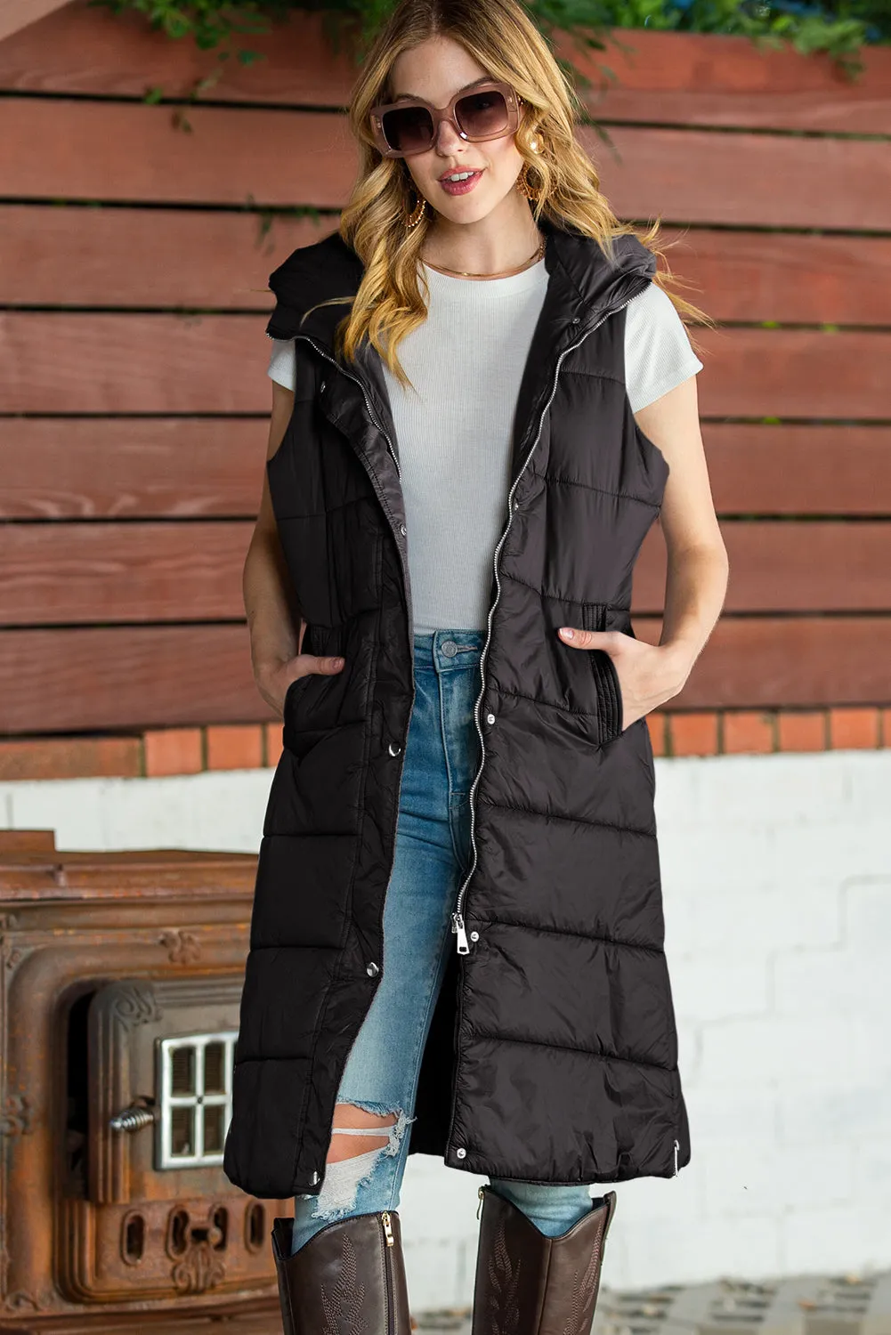 Elaine Hooded Quilted Long Vest Coat