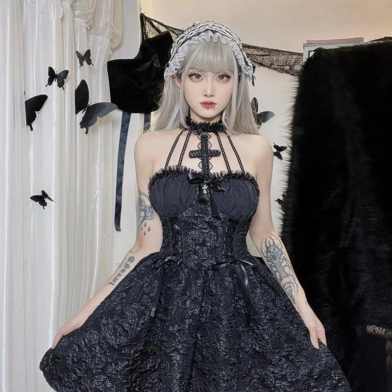 Elegant Lace Cross Collar Dress