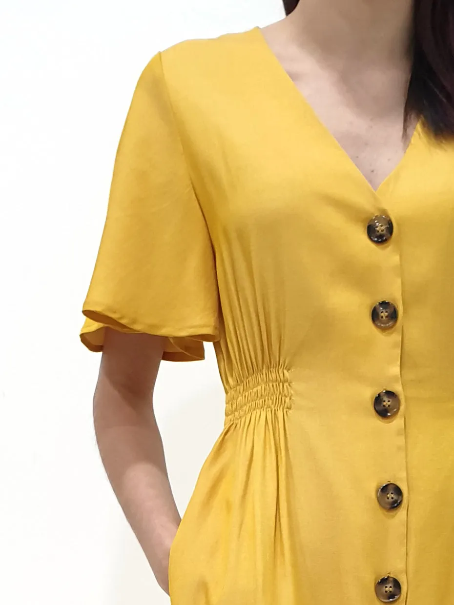 Flutter Sleeve Button Down Dress - Yellow (Non-returnable)
