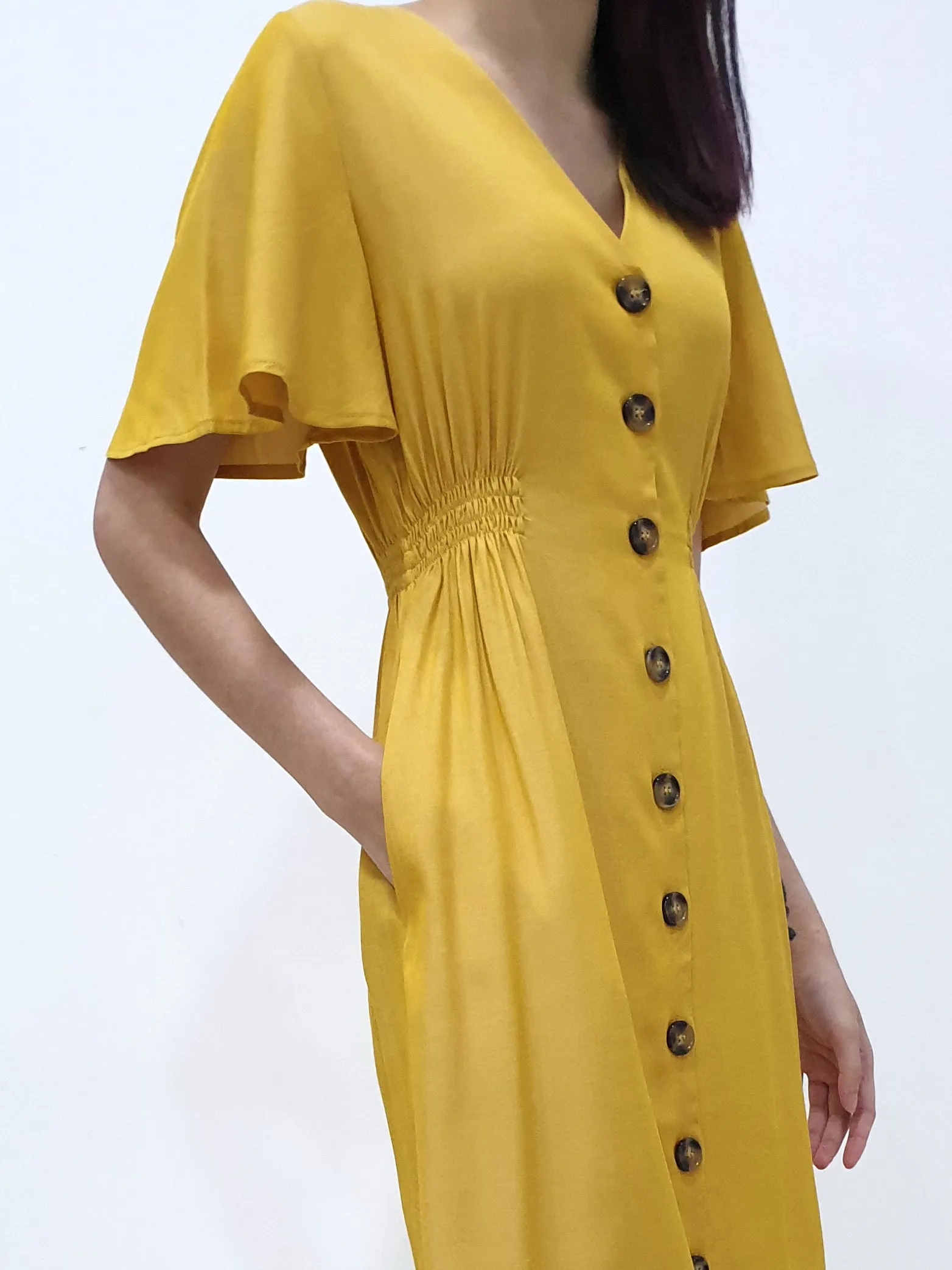 Flutter Sleeve Button Down Dress - Yellow (Non-returnable)