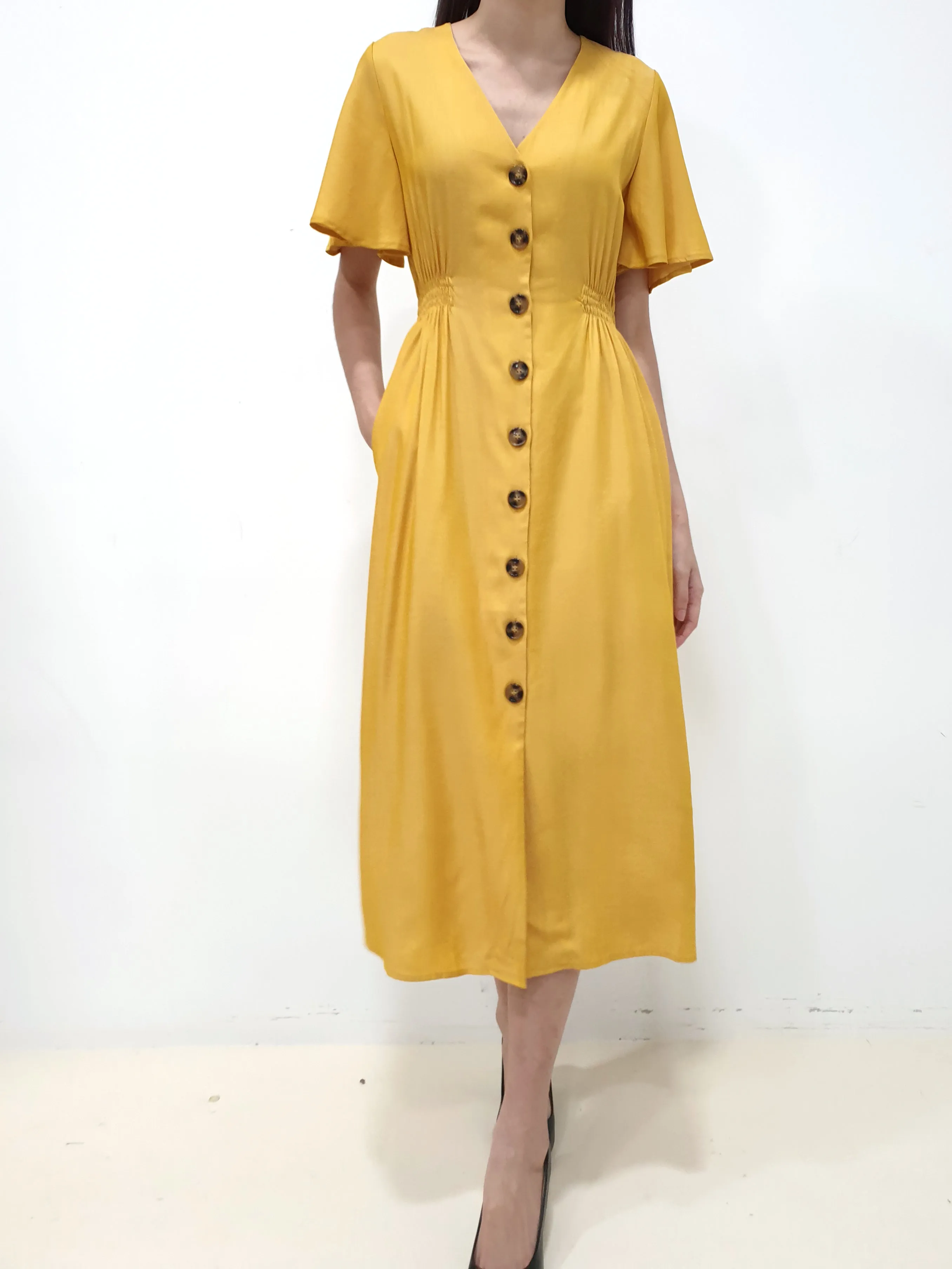 Flutter Sleeve Button Down Dress - Yellow (Non-returnable)
