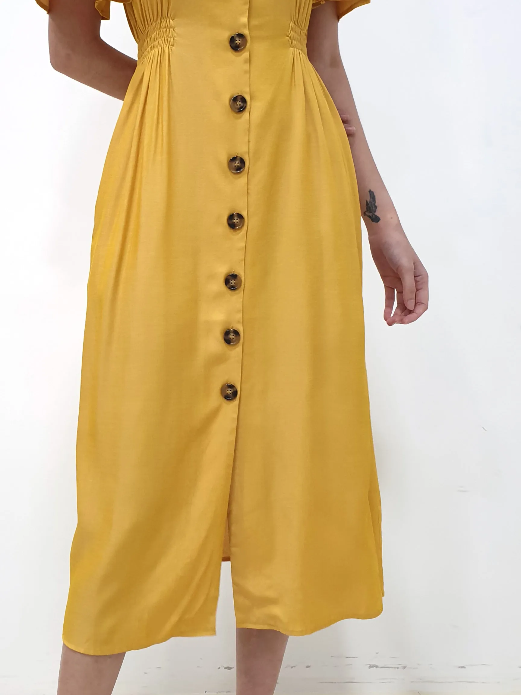 Flutter Sleeve Button Down Dress - Yellow (Non-returnable)