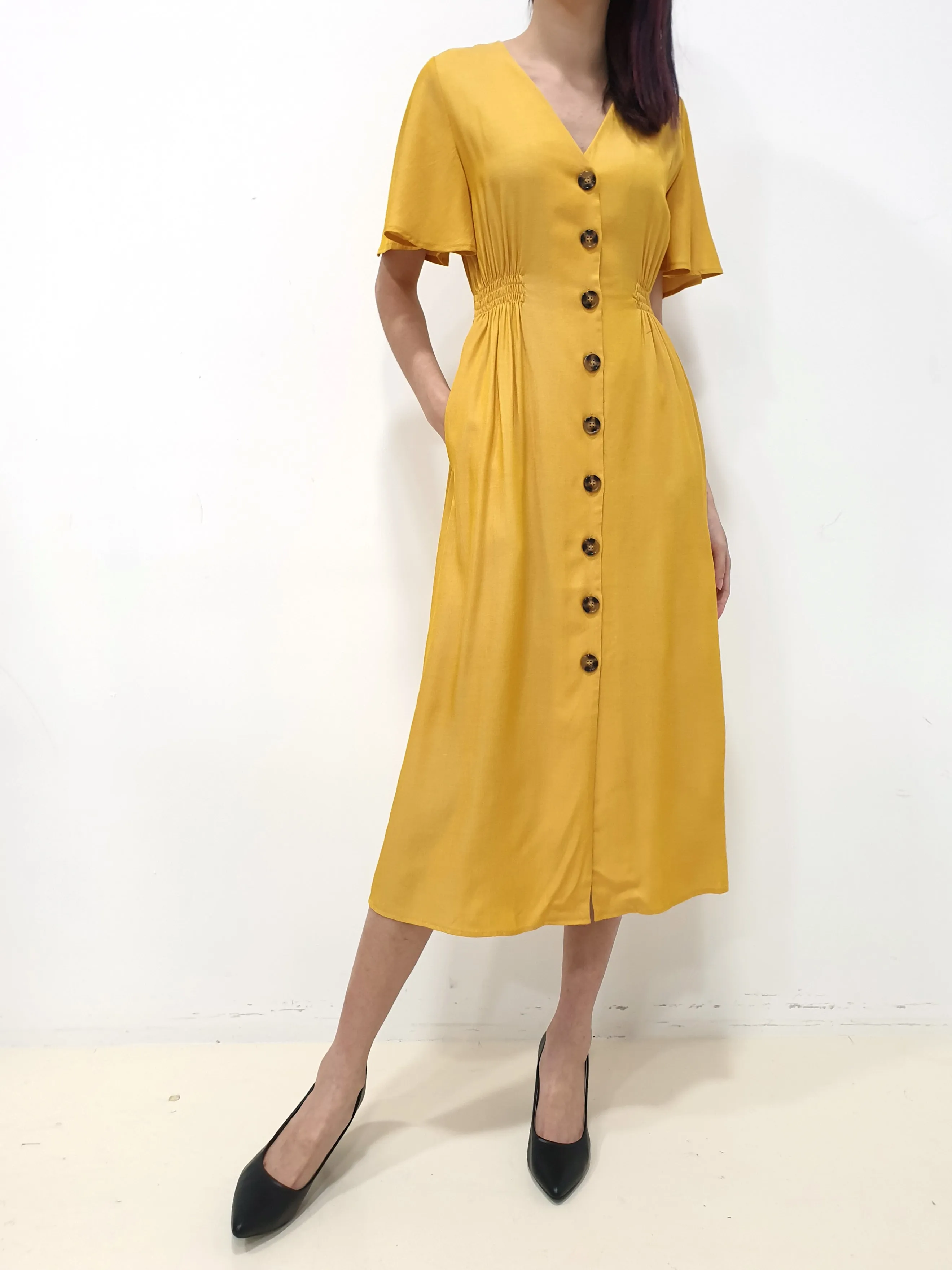 Flutter Sleeve Button Down Dress - Yellow (Non-returnable)
