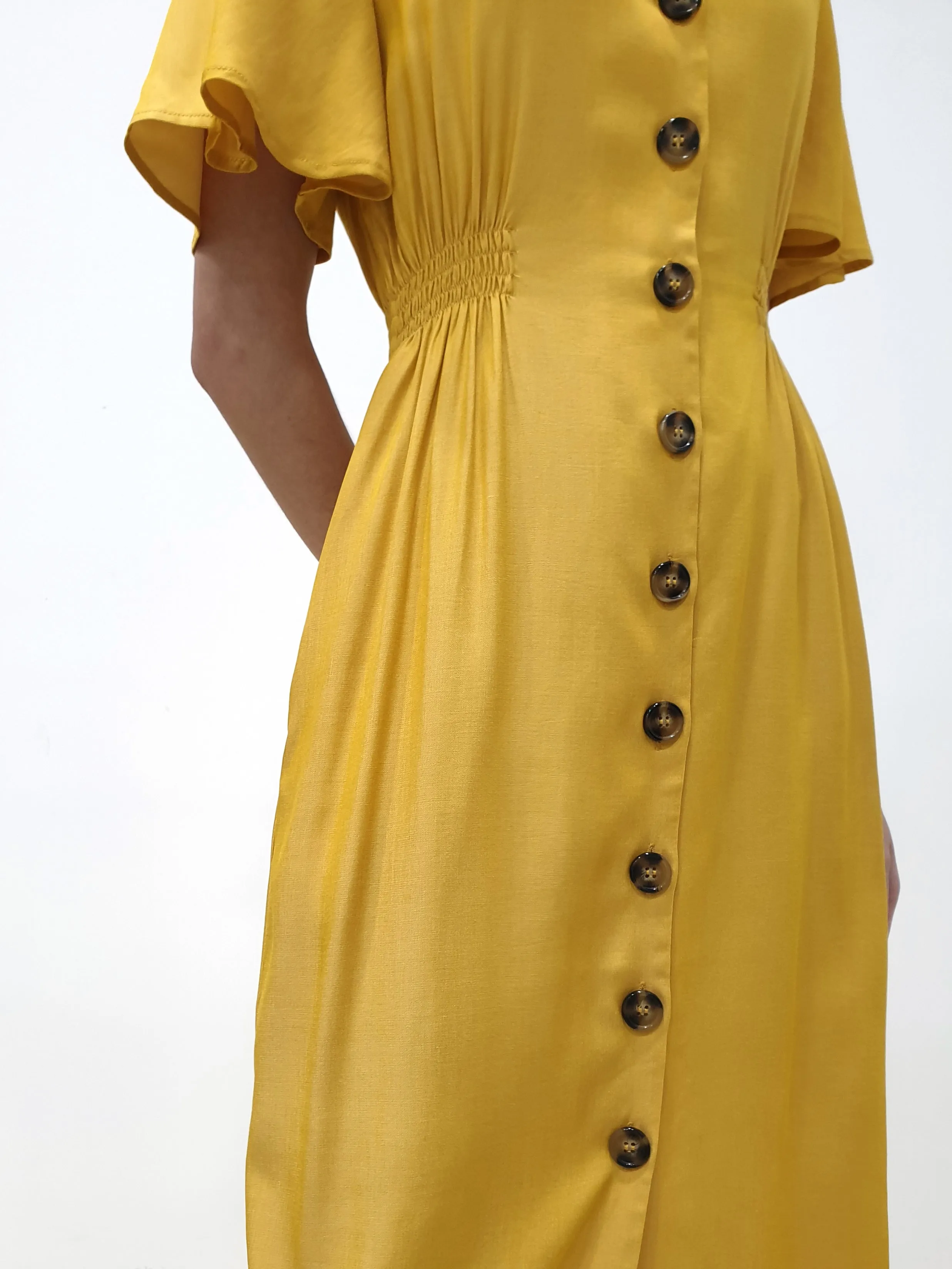 Flutter Sleeve Button Down Dress - Yellow (Non-returnable)