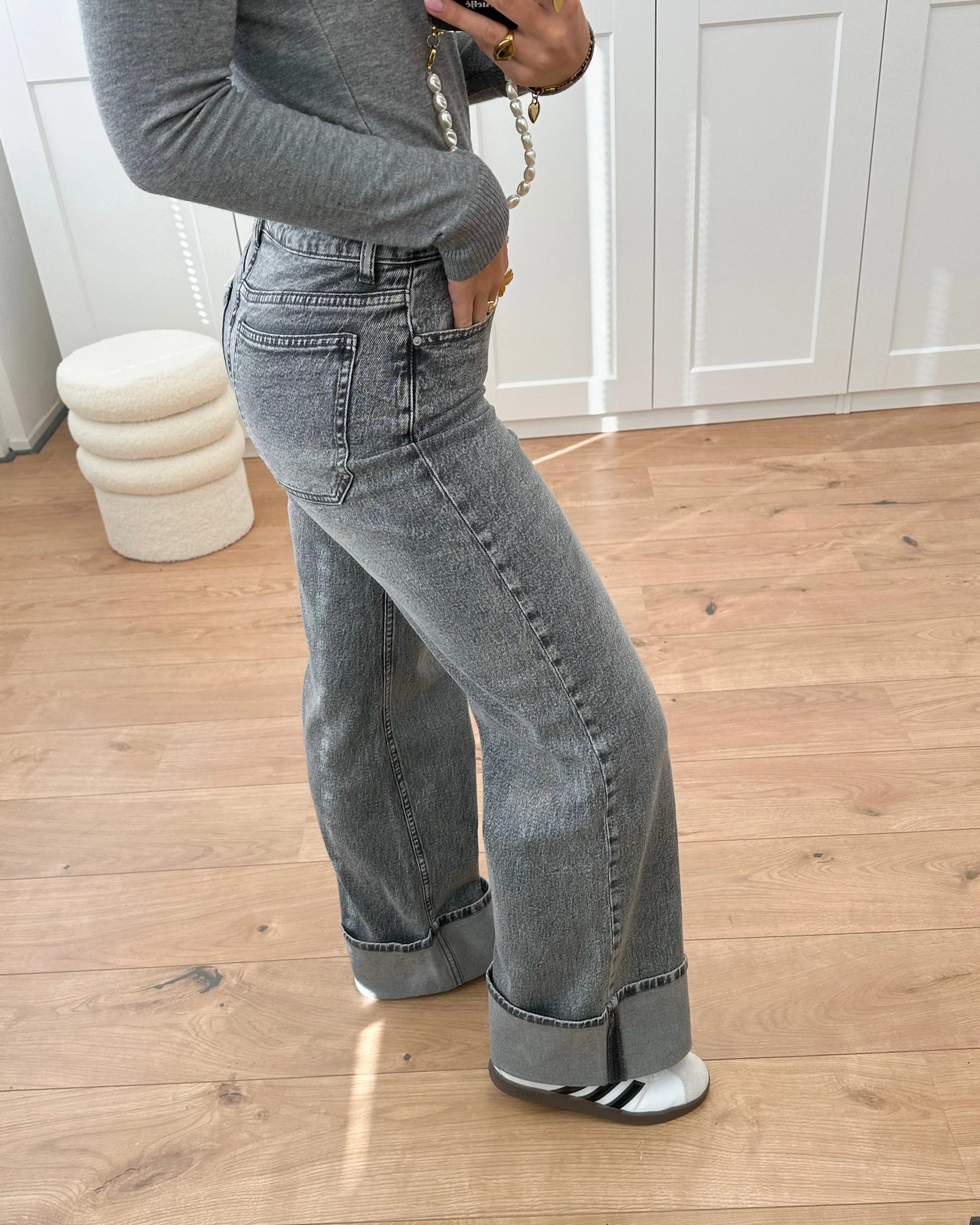 Folded Wide Leg Jeans Grey