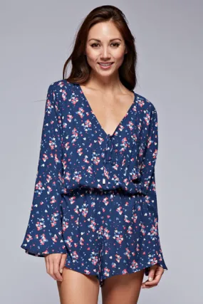 Heart Print Bell Sleeve V Neck Short Romper