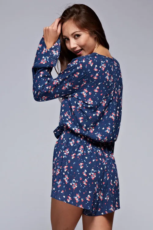 Heart Print Bell Sleeve V Neck Short Romper