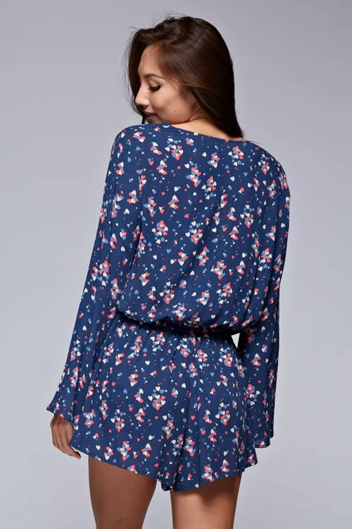 Heart Print Bell Sleeve V Neck Short Romper
