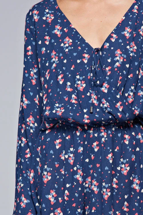 Heart Print Bell Sleeve V Neck Short Romper
