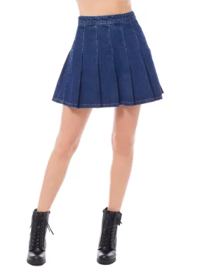 High Waisted Pleated Denim Tennis Mini Skirt with Side Zipper